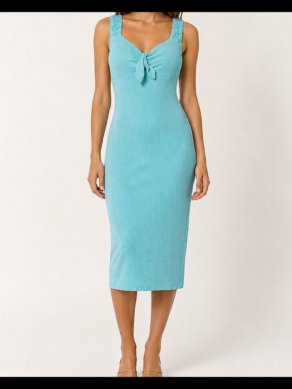 Just Be Women's Tie-Front Ribbed Midi Dress in Aqua Blue Size M